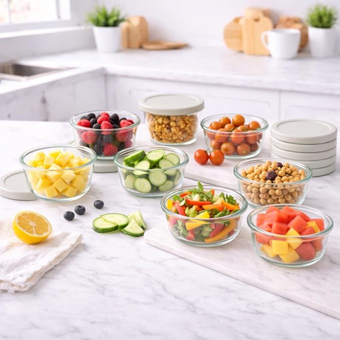 DURA LIVING 16-Piece Glass Food Storage Containers Set (8 Containers + 8 BPA-Free Lids) | 1-Cup, Leakproof | Microwave, Freezer, Oven & Dishwasher Safe | Ideal for Meal Prep & Pantry Organization