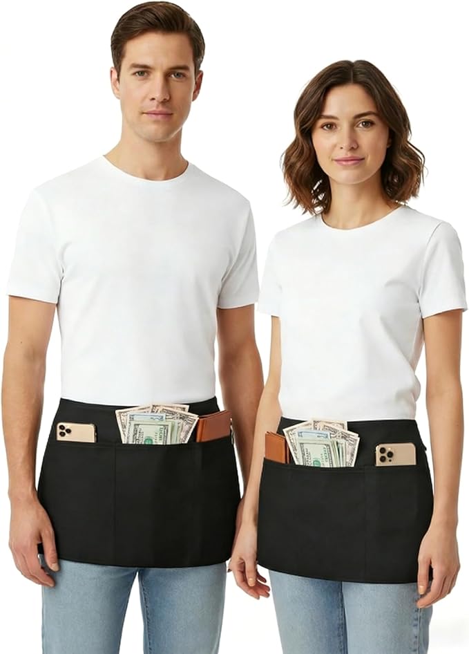 BOHARERS 3 Pack Waitress Aprons with Pockets - Women Men Black Waist Aprons Half Server Apron with Extra Long Straps