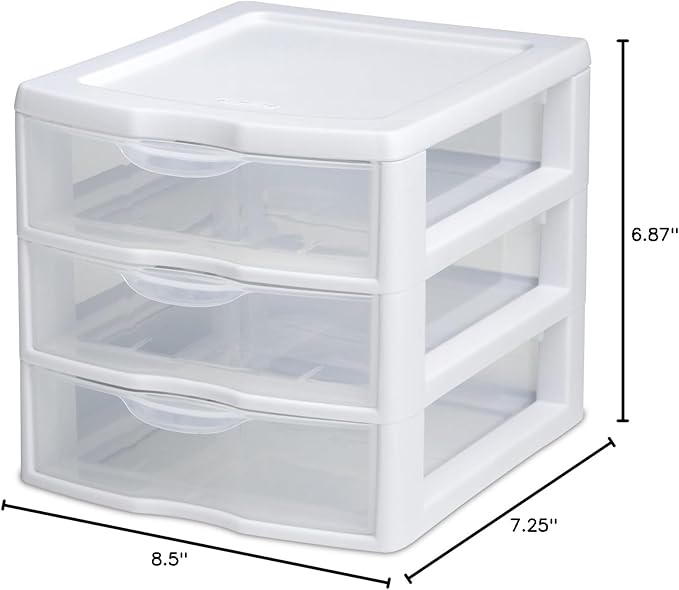 Sterilite 3 Drawer Mini Desktop Unit, Clear w/White Frame