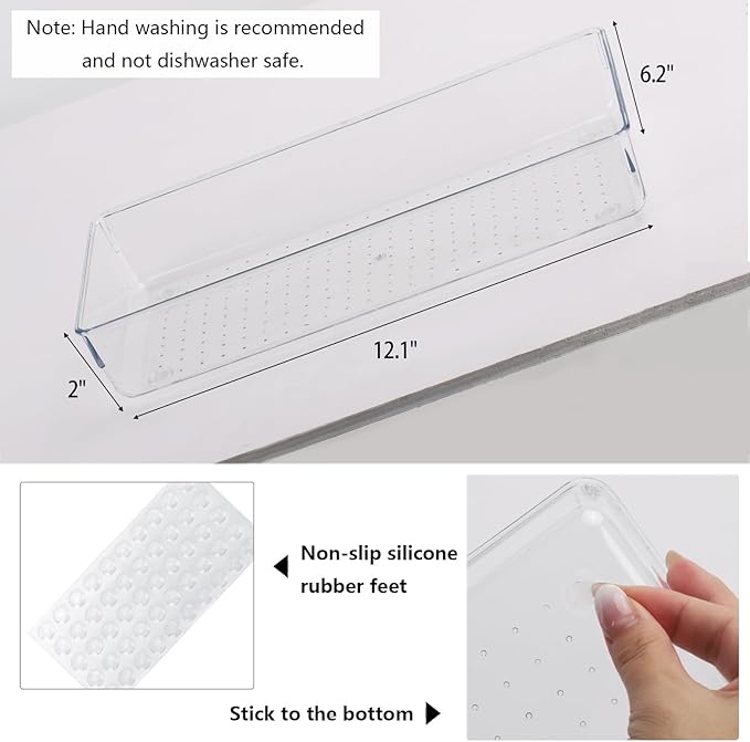 Ohlove 6Pcs Clear Plastic Drawer Organizers Tray 12" x 6.2" Storage Bins with 25Pcs Non-Slip Pads for Makeup, Jewelries, Kitchen Utensils, Bathroom and Office