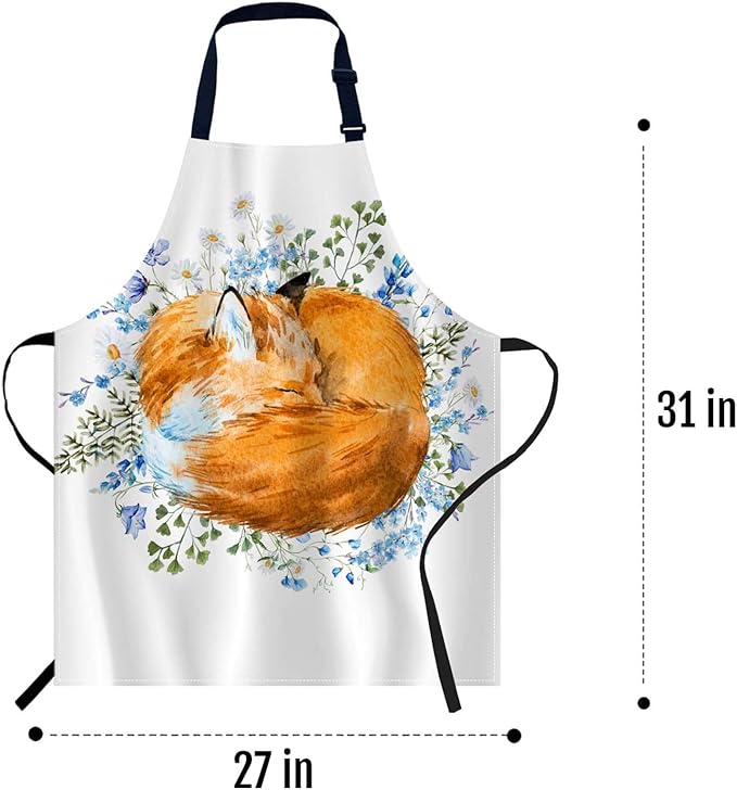 oFloral Watercolor Sleeping Fox Apron Unisex Adjustable Bib Apron, Cooking Kitchen Chef Apron, Women Men Apron for Home Kitchen, Restaurant, Coffee house