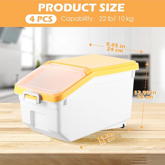 Sunnyray 4 Pcs Rice Storage Containers Bulk Flour Sugar Container Wheels Measuring Cups Set Airtight Pet Dog Cat Birds Food Bin Grain Cereal Organizer Box for Dry Baking(Yellow,22 lb)