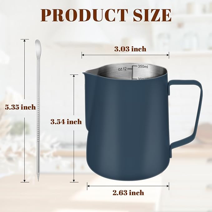 Amrules Milk Frothing Pitcher, 12 oz Milk Frother Cup with Clear Scale, 304 Stainless Steel Cappuccino Espresso Machine Accessories for Barista Coffee Bar with Latte Art Pen, Blue