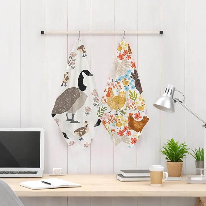 Jztco 2Pcs Farmhouse Chicken Kitchen Towels, Floral Tea Towel Decorative Reusable Dish Hand Towels Duck Lover Gifts for Cleaning Drying Women Mom Housewarming Gifts 14 x 24 Inch Kitchen Home Decor