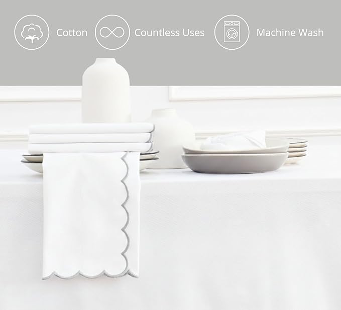 PurpleEssences Scalloped Embroidery Cloth Napkins - Spring Easter Summer - Table Decor - 100% Cotton - Set of 4-18x18 inch - White - Edges - Silver