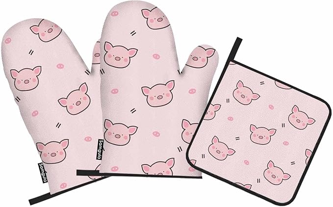 Pink Pig Oven Mitts and Pot Holders Sets Kawaii Face Lovely Heat Resistant 3pcs for Cooking Baking BBQ