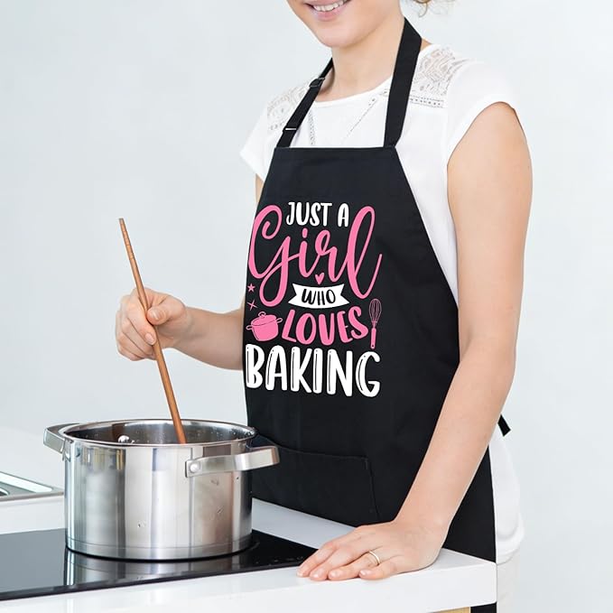Black Baking Aprons for Women, Adjustable Cooking Baking Kitchen Aprons for Mom Chef with Pockets