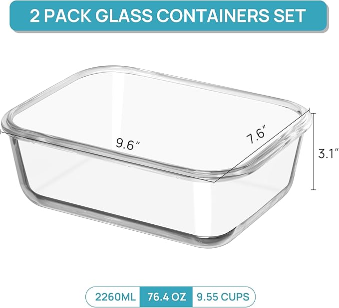 Vtopmart 2Pack 2260ml/ 76.4oz Large Glass Storage Containers with Lids, Meal Prep Food Container Set with Snap Airtight Lid for Baking, Microwave, Oven, Leak Proof, for Freezer, Dishwasher, Pink