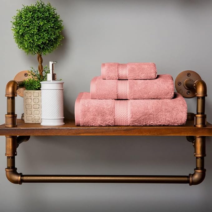 SUPERIOR Egyptian Cotton Pile 3 Piece Towel Set, Includes 1 Bath, 1 Hand, 1 Face Towel/Washcloth, Ultra Soft Luxury Towels, Thick Plush Essentials, Guest Bath, Spa, Hotel Bathroom, Tea Rose