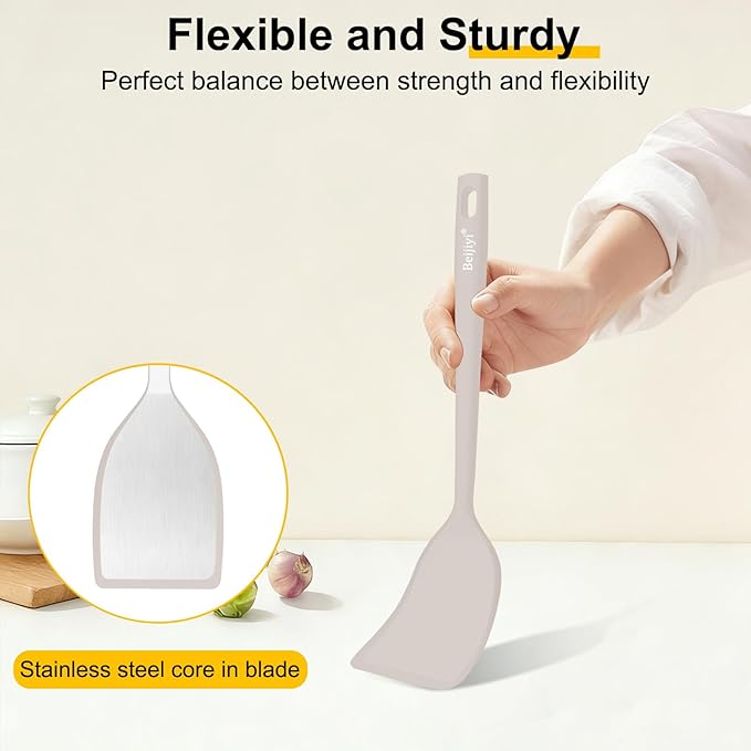 Beijiyi Silicone Spatula Set of 4, 600°F Heat Resistant, BPA Free Kitchen Spatula and Spoons for Nonstick Cookware, Solid & Slotted Turner Cooking Utensils for Serving, Flipping Egg, Pancakes (Khaki)