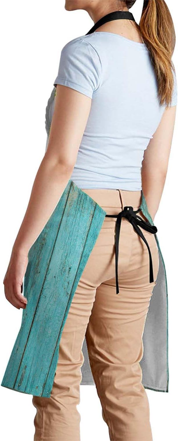 oFloral Vintage Rustic Wood Turquoise Teal Apron Unisex Adjustable Bib Apron Cooking Kitchen Chef Women Men Aprons for Home Kitchen, Restaurant,Coffee House,Shop,Garden