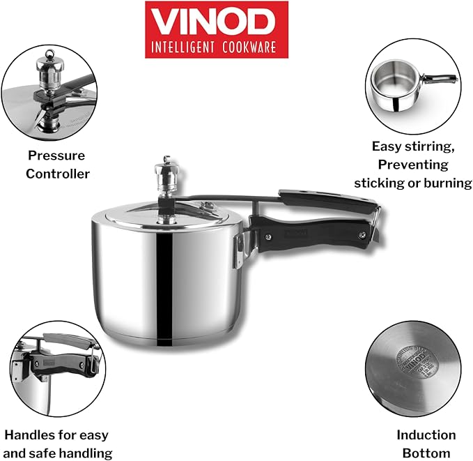 Vinod Stainless Steel Inner Lid Pressure Cooker with Sandwich Base Induction and Gas Compatible 118.5 oz ISI & CE Certified 2-Year