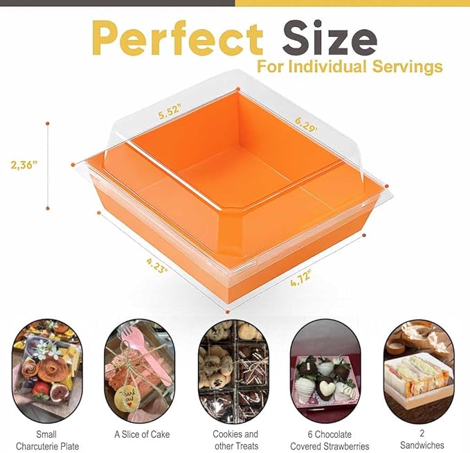 Leafiew 50 Pack Small Charcuterie Boxes with Clear Lids - To Go Paper Mini Charcuterie Box, Disposable Food Containers, 5Inch Dessert Boxes - Sandwich, Cookie, Sushi, Cake Slice, Strawberries (Orange)