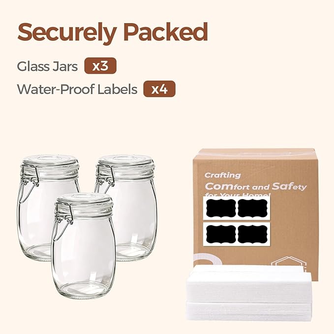 ComSaf 3-Pack 34oz Round Glass Apothecary Jars, Farmhouse Decor for Kitchen Counter Display, Airtight Cookie & Candy Jar for Coffee & Food Storage