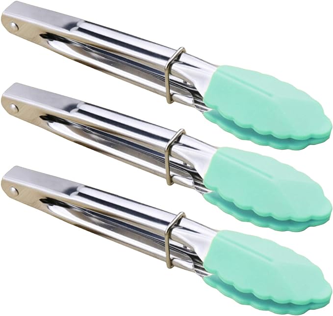 HINMAY Stainless Steel Food Tongs with Silicone Tips 7-Inch Mini Tongs, Set of 3 (Mint)