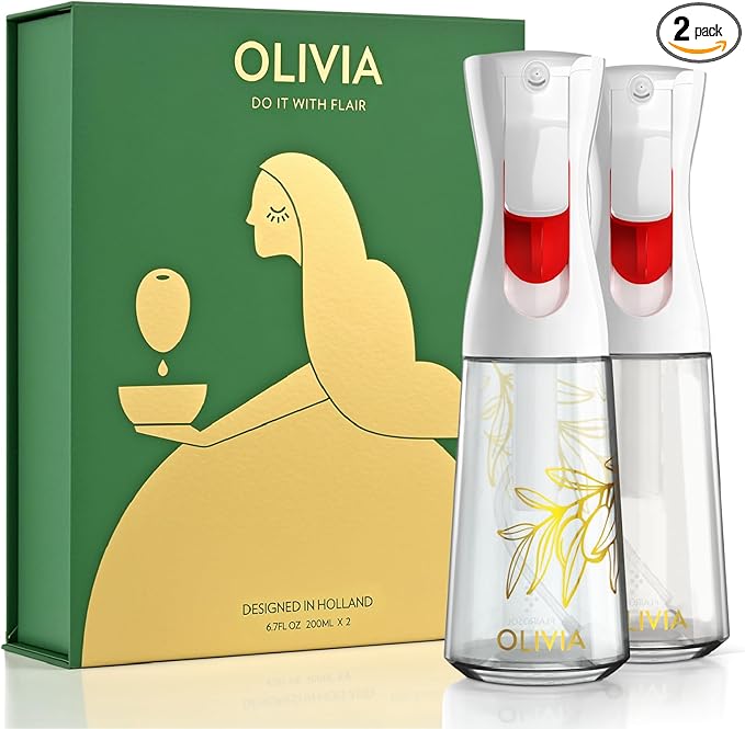 FLAIROSOL OLIVIA Signature Oil Sprayer for Cooking, 2 Pack 200ML Glass Olive Oil Sprayer, Continuous Cooking Spray Dispenser with Portion Control for Kitchen Air Fryer, Salad, BBQ, White