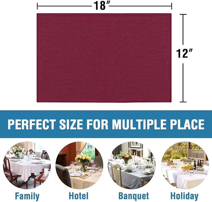 H.VERSAILTEX Linen Placemats Set of 6 Premium Solid Table Mats for Dining Table Spill-Proof Waterproof Heat-Resistant Kitchen Mats Washable, 12x18 inches, Christmas Red