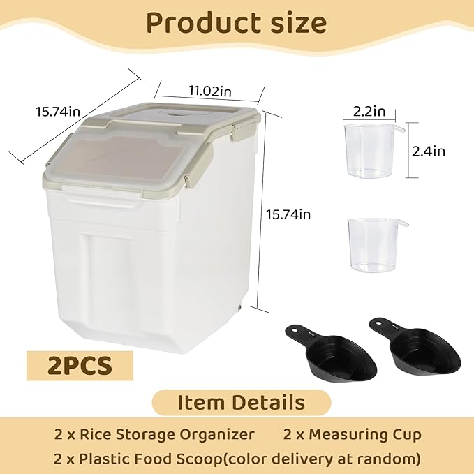 PENCK Rice Storage Container 50 lbs Large Household Flour Sugar Containers Airtight Grain Cereal Dispenser with Wheels, Locking Lid & Measuring Cup for Kitchen Pantry Organization, 2 Pack(Grey)