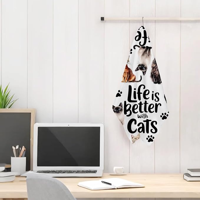 Jztco Cute Cat Kitchen Towels, Floral Cats Gifts Reusable Hand Tea Towel, Waffle Dish Towels for Kitchen Home Bathroom Decor, Cat Lover Gifts for Women Mom 24x14 Inch