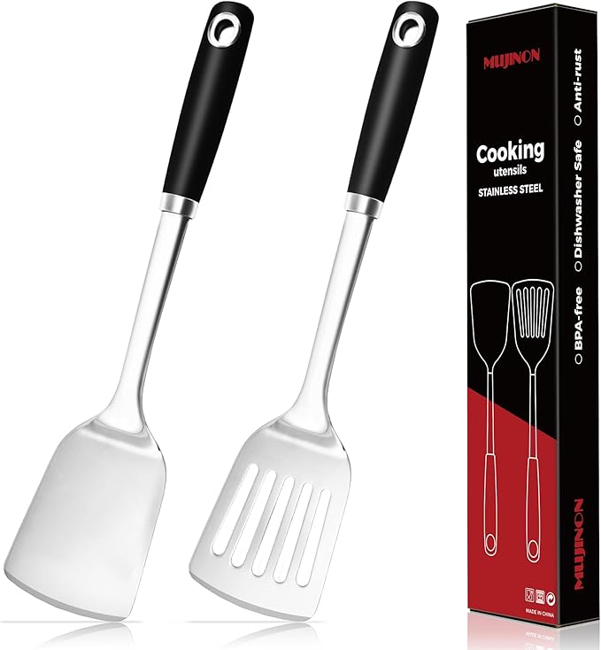 14-in Spatula Set, 18/0 Stianless Steel Heavy Duty Turner & Slotted Spatula, Kitchen Cooking Utensils Set, High Heat Resistant, Grilling Frying Serving Food, Pack of 2