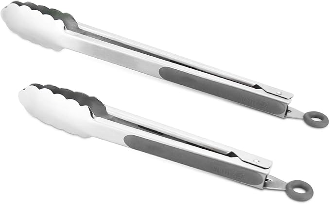Premium 304 Stainless Steel Tongs Set – 12" Grill Tongs & 9" Cooking Tongs, Heat Resistant up to 600°F, Wavy Grip Head, Non‑Slip Handle with Locking Clip & Hanging Loop, Dishwasher Safe, Grey