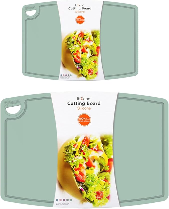 Liflicon Thick Cutting Boards for Kitchen Silicone Chopping Board Set of 2 Mid 12.6'' x 9.1”,Mini 9.1”x7.1” Non-slip Deep Drip Juice Groove Easy Grip Handle,Dishwasher Safe-Light Green