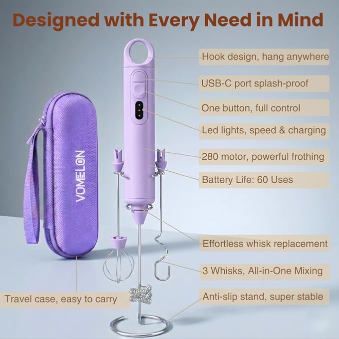 Rechargeable Milk Frother Handheld 3 Speed Coffee Foamer [3 Whisk] Electric Drink Mixer for Latte, Cappuccino, Coffee, Eggs, Hot Chocolate, Purple