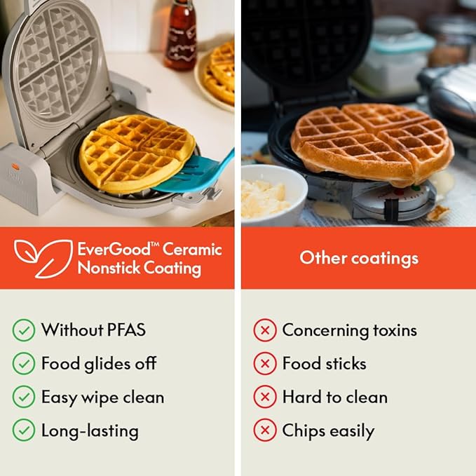 bella Flip-n-StoreWaffle Maker with EverGood™Ceramic Nonstick Coating,Fits-anywhere™Kitchenware,Power Indicator Light,Cool Touch Handle&Cord Wrap,7” Wide & 1" Deep Plates,1000 Watt,Oatmilk,(Pack of 2)
