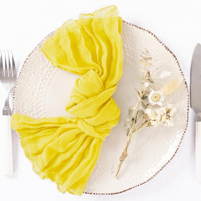 DeZerlor 50 Pack Lemon Yellow Cheesecloth Napkins Spring Cloth Napkins Set of 50 Yellow Dinner Napkins Bulk 21x21 Inches for Wedding Bridal Shower Baby Shower Parties