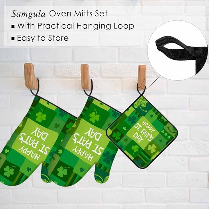 St. Patrick's Day Oven Mitts and Pot Holders Sets Shamrock Lucky Heat Resistant 3pcs for Cooking Baking BBQ
