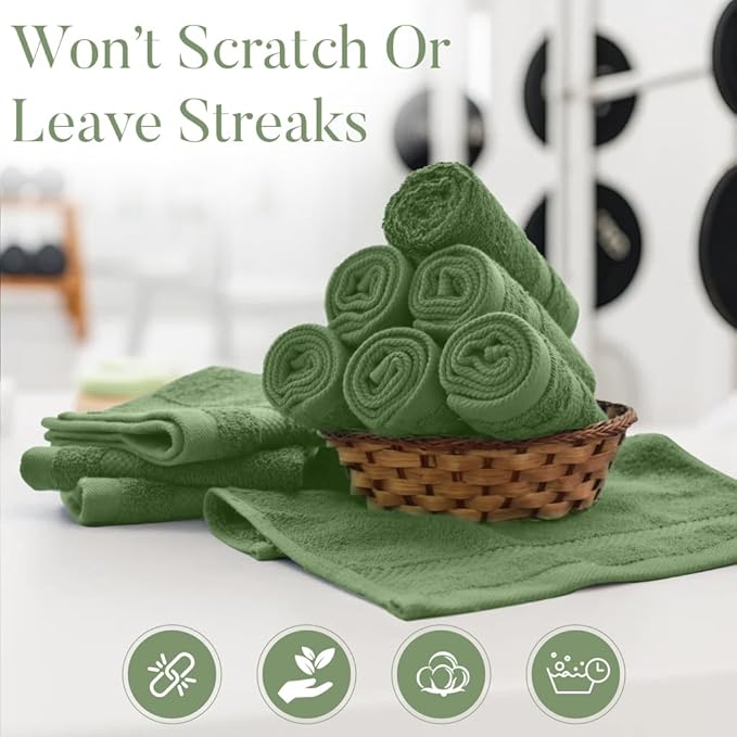 DAN RIVER 12-Pack Premium 100% Cotton Sage Green Face Towels for Bathroom - Reusable Face Wash Cloths for Showering 12x12 Inches - 550 GSM Super Soft & Absorbent Luxury WashCloths for Body, Spa & Gym