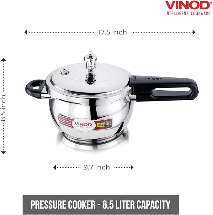 Vinod Pressure Cooker Stainless Steel – Glass Lid Handi Pot - 6.5 Liter – Indian Pressure Cooker – Stove Top Sandwich Bottom – Best Used For Indian Cooking, Soups, and Rice Recipes, Quinoa