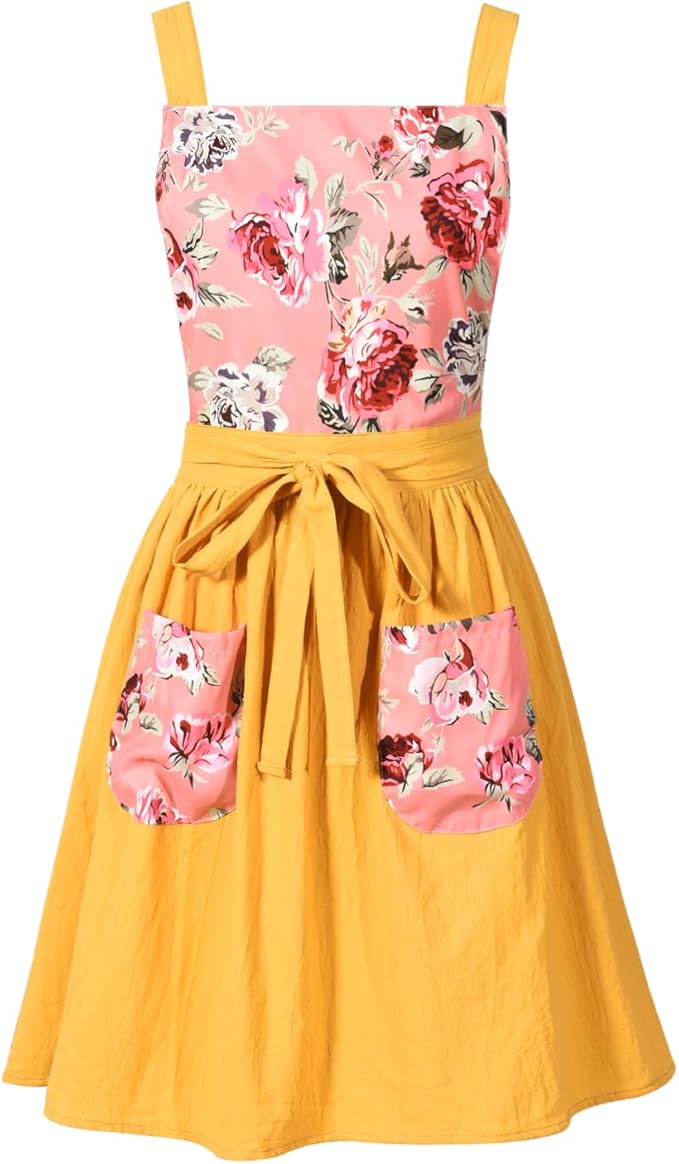 Pinknoke Vintage Pinafore Apron Dress for Women with Pockets Cute Floral Chef Aprons for Kitchen Cooking Baking Gardening