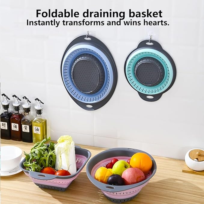 Collapsible Colander and Strainer,Silicone Strainer Colanders & Food Strainers,for Vegetable and Fruit, Kitchen Essentials (2, Blue, 2.5L+2.5L)