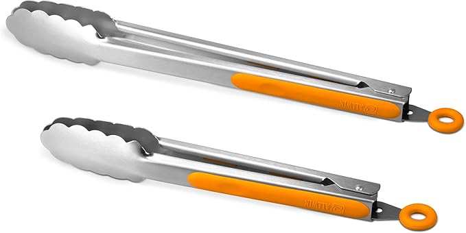 Premium 304 Stainless Steel Tongs Set – 12" Grill Tongs & 9" Cooking Tongs, Heat Resistant up to 600°F, Wavy Grip Head, Non‑Slip Handle with Locking Clip & Hanging Loop, Dishwasher Safe, Orange