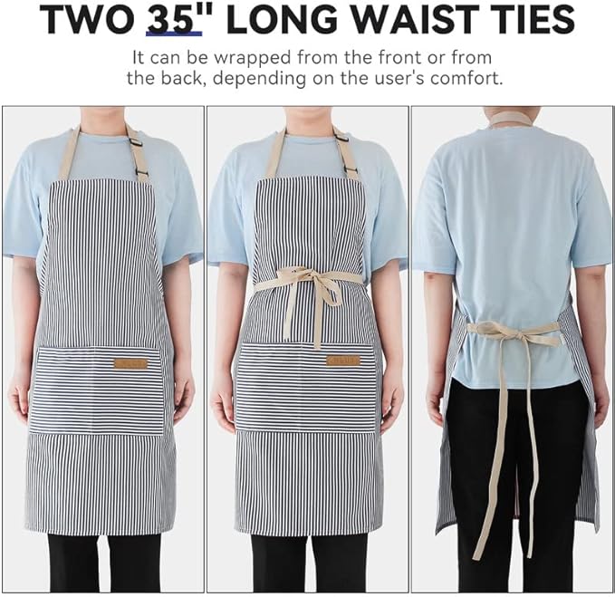 NLUS 2 Pack Kitchen Cooking Aprons, Adjustable Bib Soft Chef Apron with 2 Pockets for Men Women (Blue Pinstripes/Pink Pinstripes)