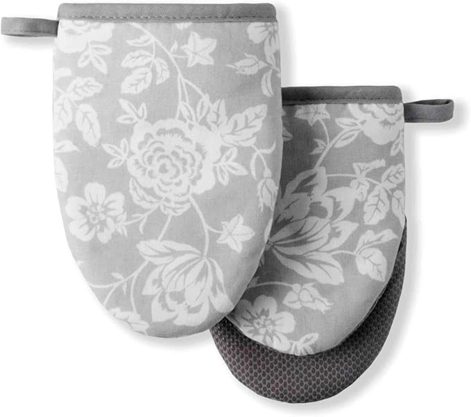Martha Stewart Floral Vine Mini Oven Mitt 2-Pack Set, Grey, 5.5"X8"
