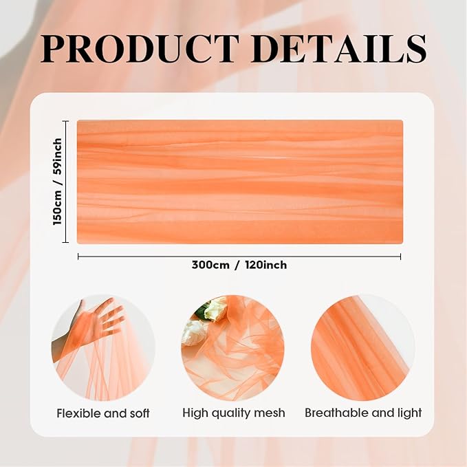 Artoid Mode 3PCS Orange Gauze Table Runner 120 Inch 10FT, Seasonal Sheer Kitchen Dining Holiday Wedding Birthday Baby Shower Table Decor for Home Party