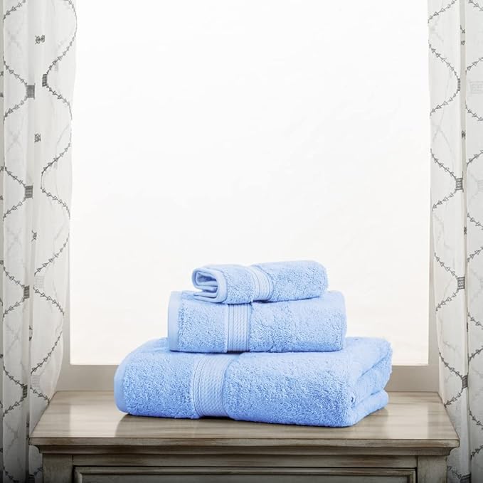 SUPERIOR Egyptian Cotton Pile 3 Piece Towel Set, Includes 1 Bath, 1 Hand, 1 Face Towel/Washcloth, Ultra Soft Luxury Towels, Thick Plush Essentials, Guest Bath, Spa, Hotel Bathroom, Light Blue