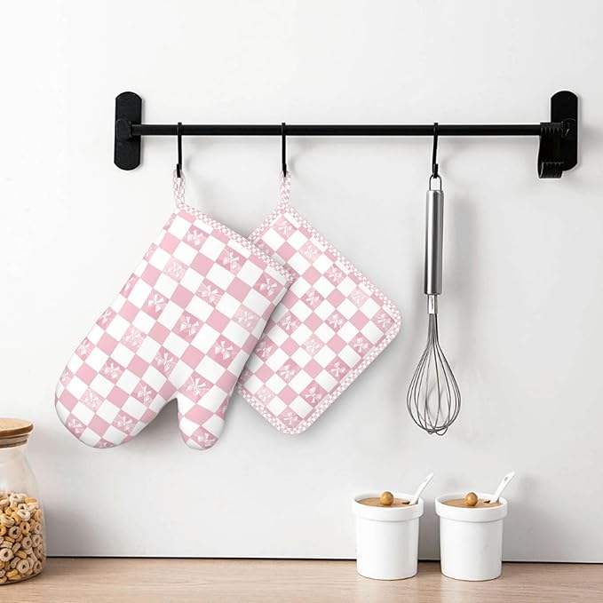 Oven Mitts and Pot Holders Pink Check Bow Pattern Silicone Kitchen Accessories Set of 2 Heat Resistant Long Gloves Potholder Non-Slip Grip for Chef Cooking Baking Grilling BBQ