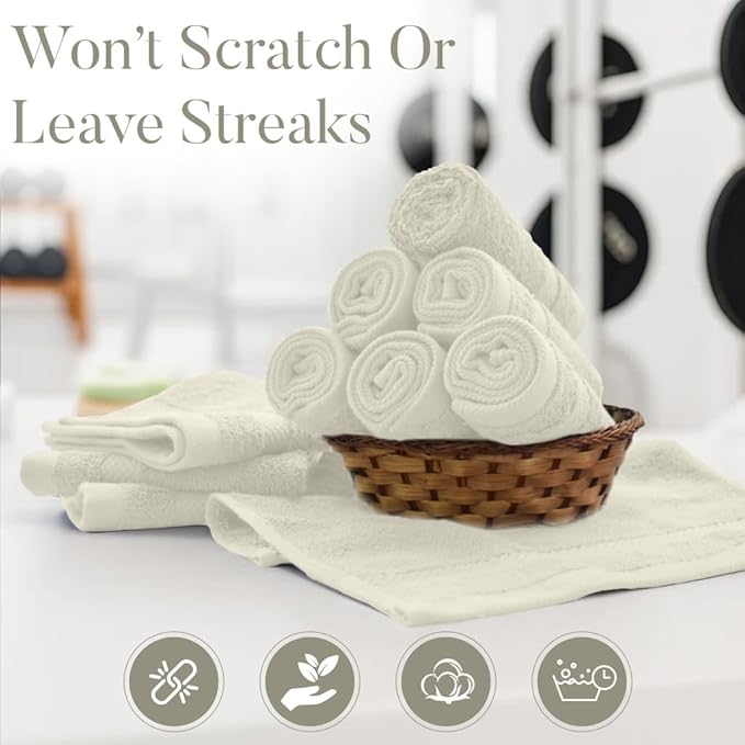 DAN RIVER 12-Pack Premium 100% Cotton Ivory Face Towels for Bathroom - Reusable Face Wash Cloths for Showering 12x12 Inches - 550 GSM Super Soft & Absorbent Luxury WashCloths for Body, Spa & Gym