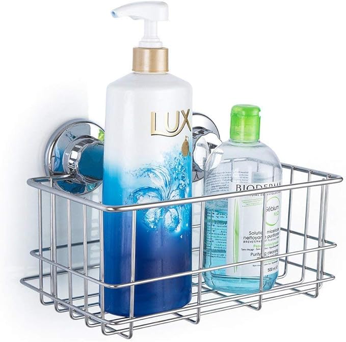 SANNO Suction Cup Shower Caddy Bath Wall Shelf, Deep Bathroom Basket Large Shower Caddy Bath Organizer Kitchen Storage Basket for Gel Holder Bathroom Storage Shampoo, Conditioner -Stainless steel