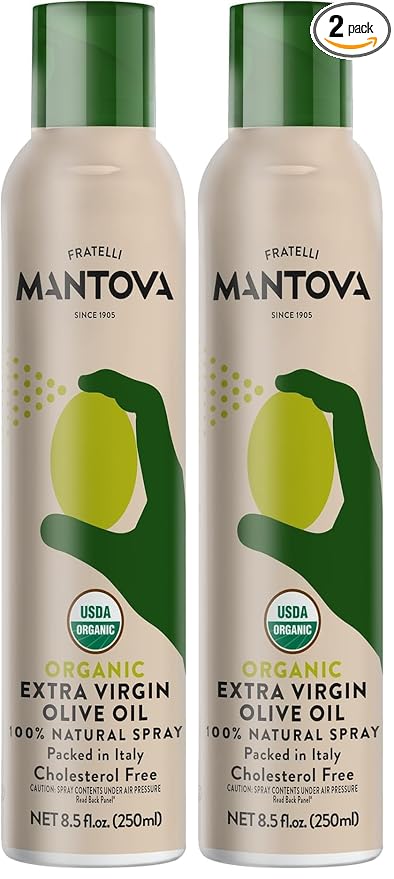 Mantova Organic Extra Virgin Olive Oil Spray, heart-healthy cooking spray perfect for salads, pasta sauces, or grilling, 100% natural cooking oil made in Italy, olive oil dispenser bottle (Pack of 2)