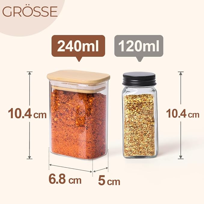 Comsaf Spice Jars with Label，8 oz Small Glass Jars with Lids, 6 Pcs Seasoning Containers, Rectangle Glass Containers with Lids, Empty Seasoning Jars for Pantry Storage, Loose Tea, Herbs, Powders, Salt