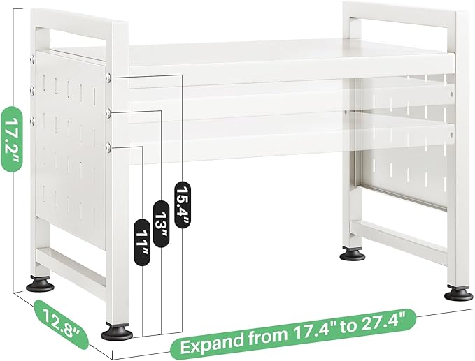 Microwave Stand, 2-Tier Expandable(17.4"-27.4") Microwave Oven Rack, Heavy Duty Adjustable Shelf with 9 hooks, Kitchen Organizer Storage Shelves for Pantry, Countertop, Coffee Bar, Office, Dorm, White