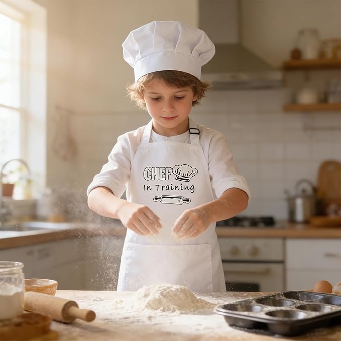 Kids Apron and Chef Hat Set Adjustable Child Aprons with 2 Large Pockets for Girls Boys Cooking Baking Painting Gift
