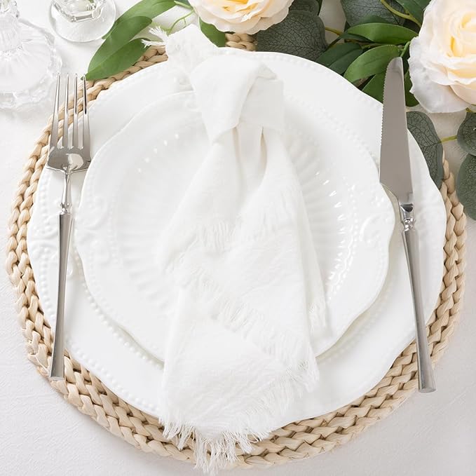 DeZerlor 6 Pack Ivory White Cotton Linen Napkins with Fringe Spring Cloth Napkins Set of 6 Boho Handmade Dinner Napkins Bulk for Wedding Bridal Baby Shower Parties, 17 x 17 Inches