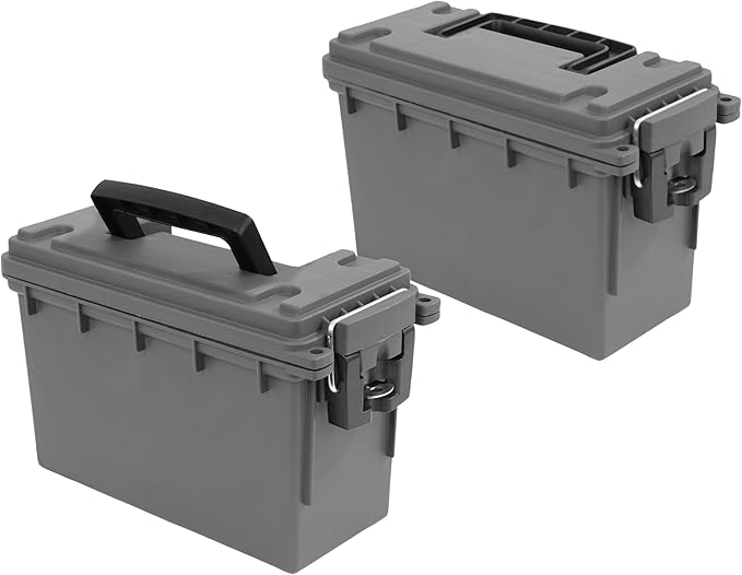 Sheffield 12792 2-Pack Ammo Storage Box, Stackable .30 Cal Field Boxes, Water and Dust Resistant, Lockable Storage Box with Handle, Secures Hunting Gear, Supplies, and Bullets, Made in USA, Gray
