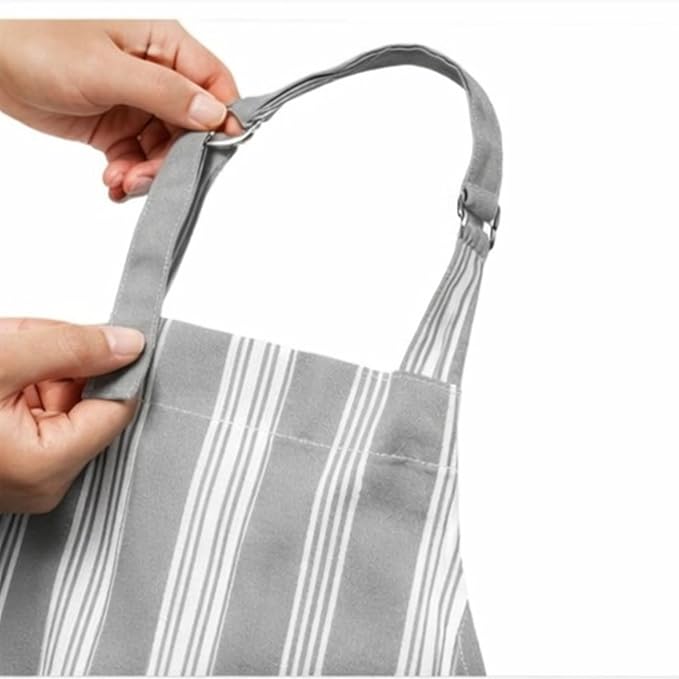 AMOUR INFINI Cotton Striped Aprons for Women with Pockets - Adjustable Strap and Waist Ties Printed Apron for Baking, Cooking, Gardening (27.5 x 33 Inches - Gray)