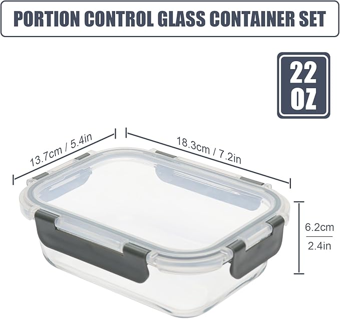 6Pack 22oz Glass Meal Prep Containers, Glass Food Storage Containers Sets with Snap Leak Proof Lids for Microwave, Oven, Freezer and Dishwasher Safe (Grey, 22oz)